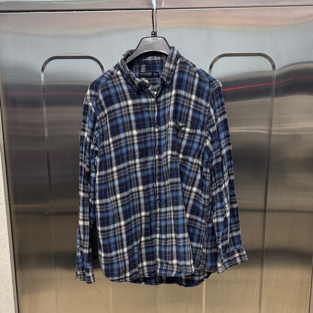 Faded Glory Navy and Light Blue Plaid Shirt